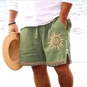 Men's Graphic Sun-Print Board Shorts Cotton Linen by Ouku Sz L Green #71Q